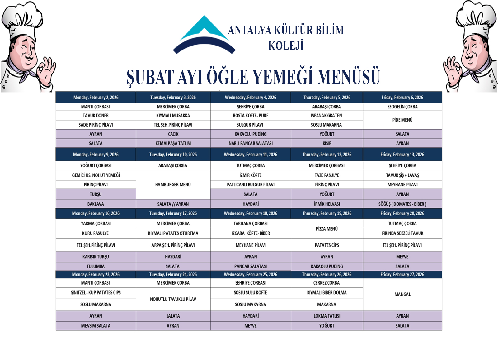 Şubat Ayı Öğle Yemeği Menüsü